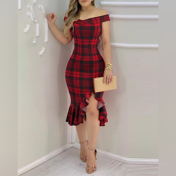 Plaid Off Shoulder Ruffle Hem Slit Dress - Picture 2 of 4